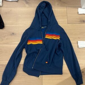 Aviator Nation Blue Hoodie with Rainbow Stripes